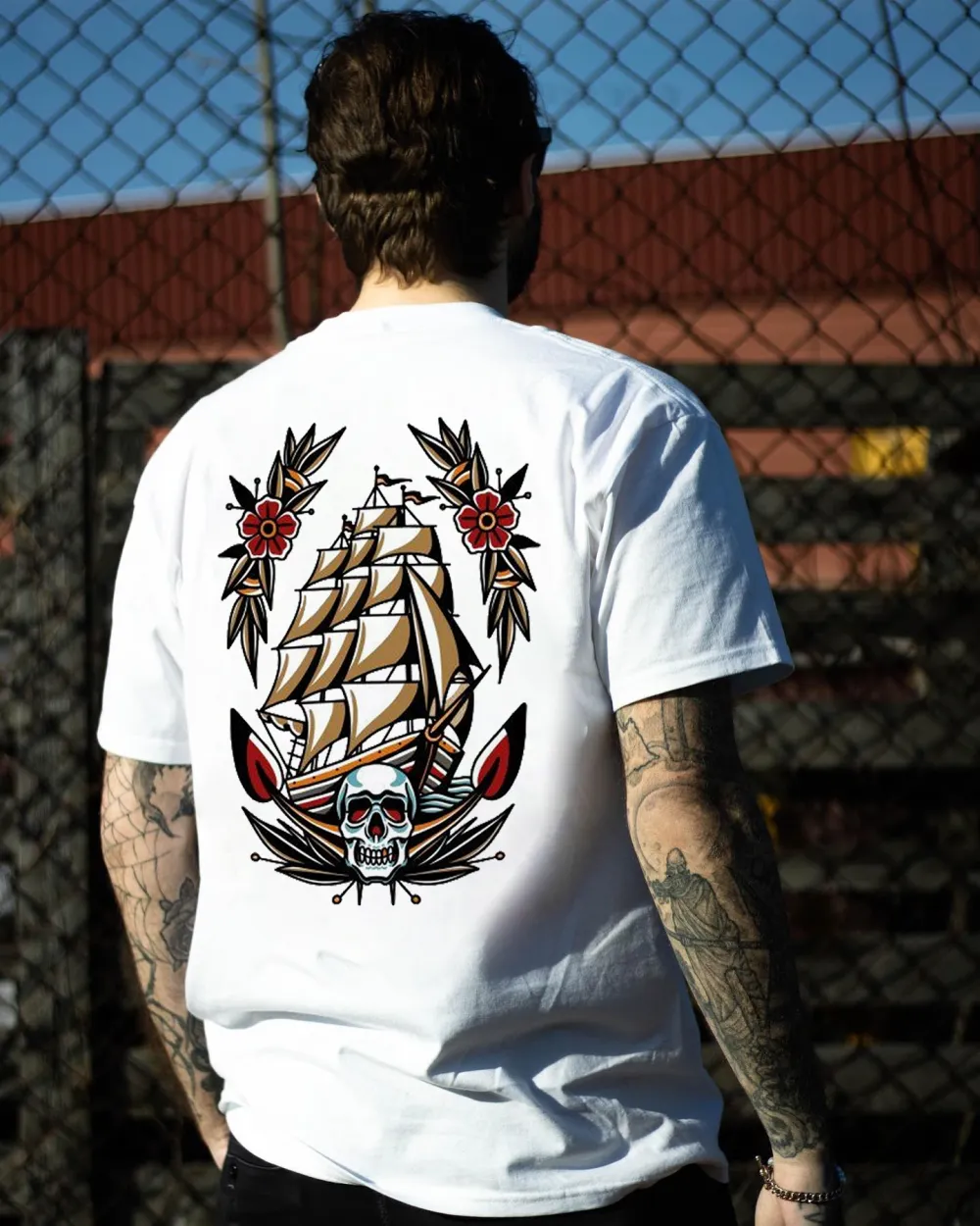 Skull Ship Print Men's T-shirt