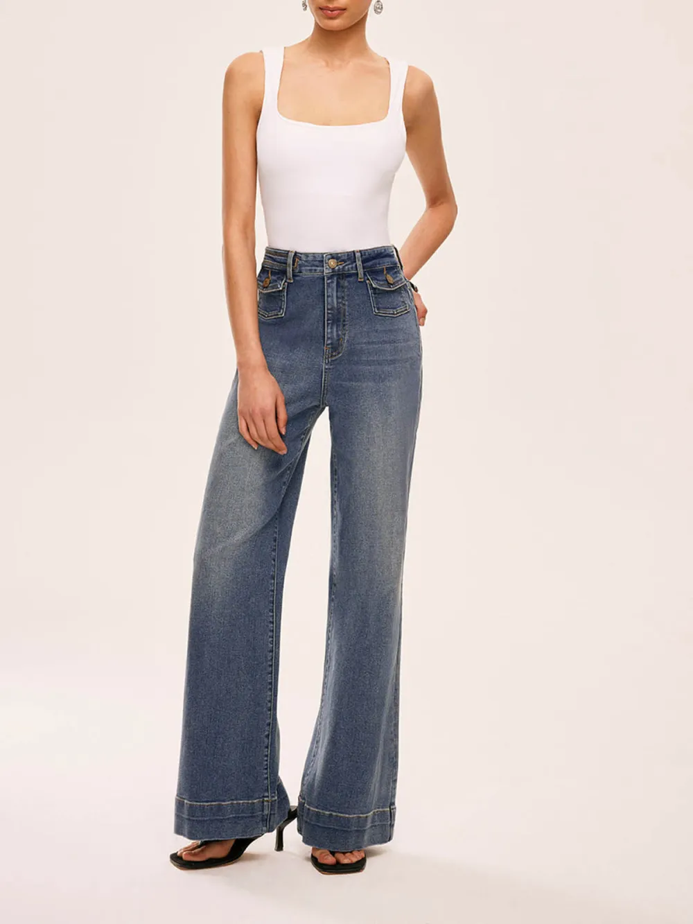 Mid-Waist Flared Jeans With Decor Pockets