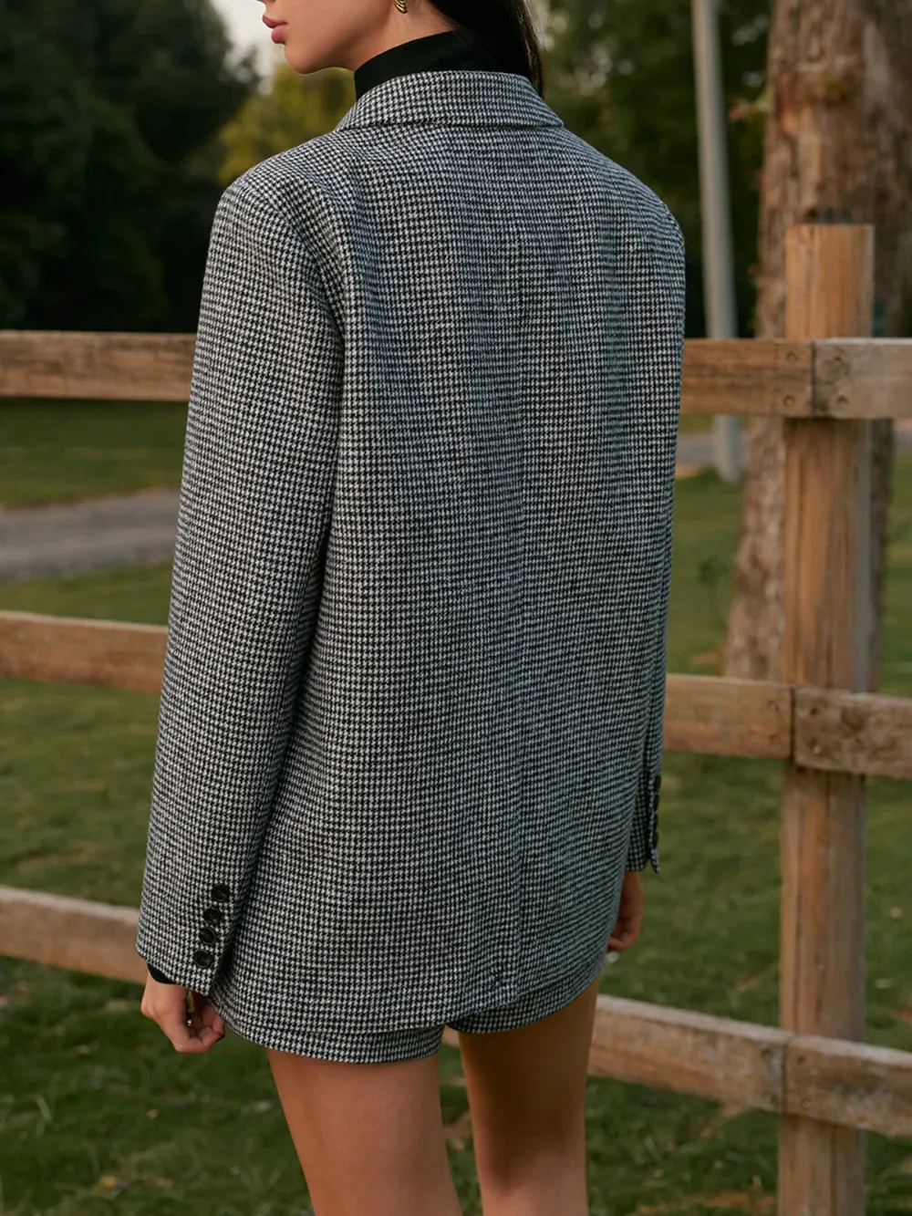 Tweed Houndstooth Button Up Blazer