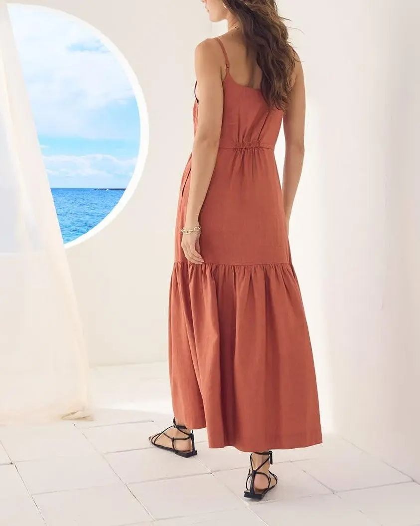 Sleeveless Square-Neck Linen-Blend Straight Maxi Dress