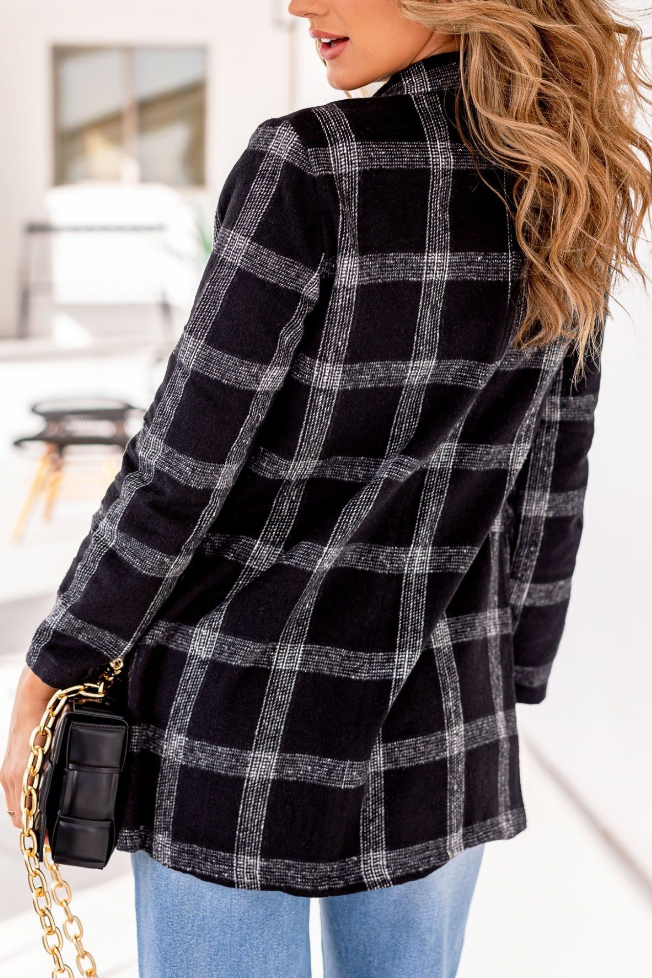 Black Plaid Long Sleeve Blazer