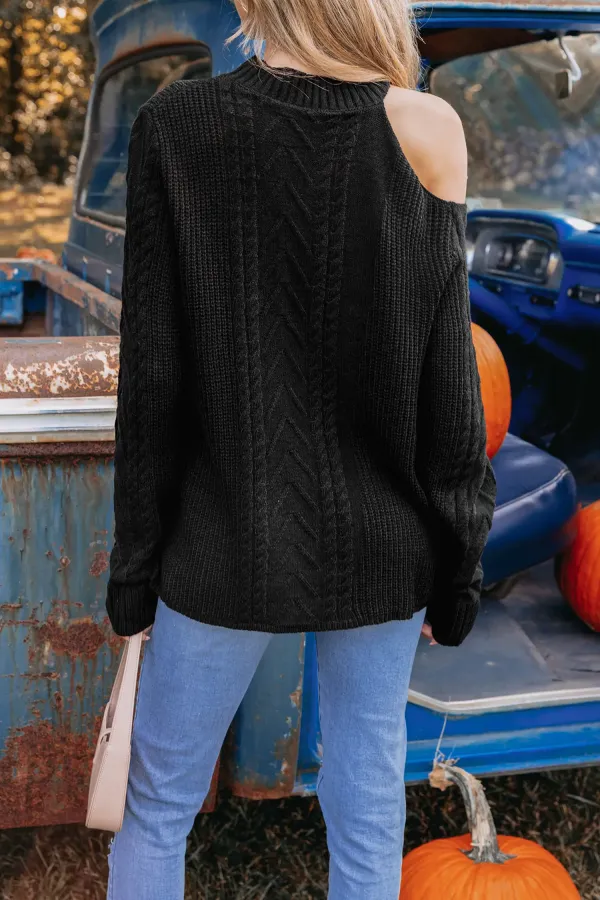 Cable Knit Mock Neck Cutout Sweater