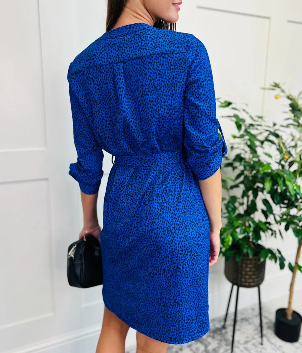 Blue Dotty Print Belted Shirt Dress