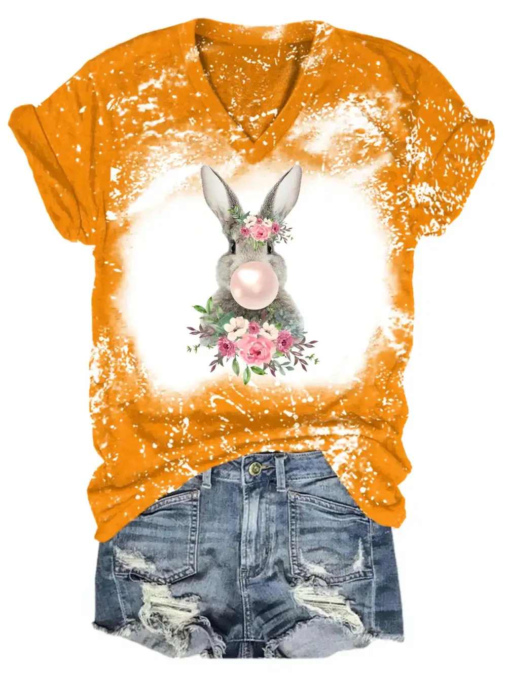 Bunny Chewing Bubble Gum Bleaching V Neck T-shirt