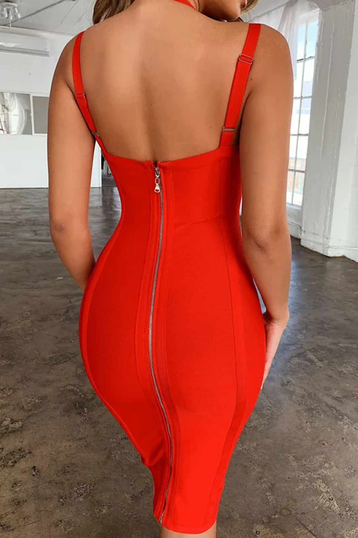 Unique Halter Bandage Bodycon Midi Cocktail Party Dress - Red