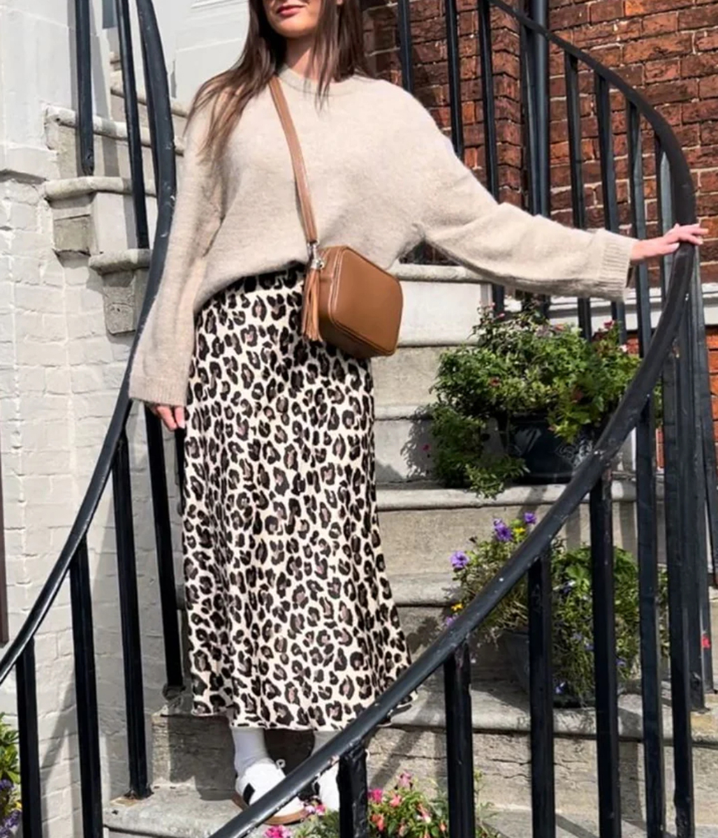 Leopard Print Satin Slip Midi Skirt