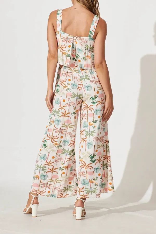 White Based Tropical Print Wide Leg Jumpsuit