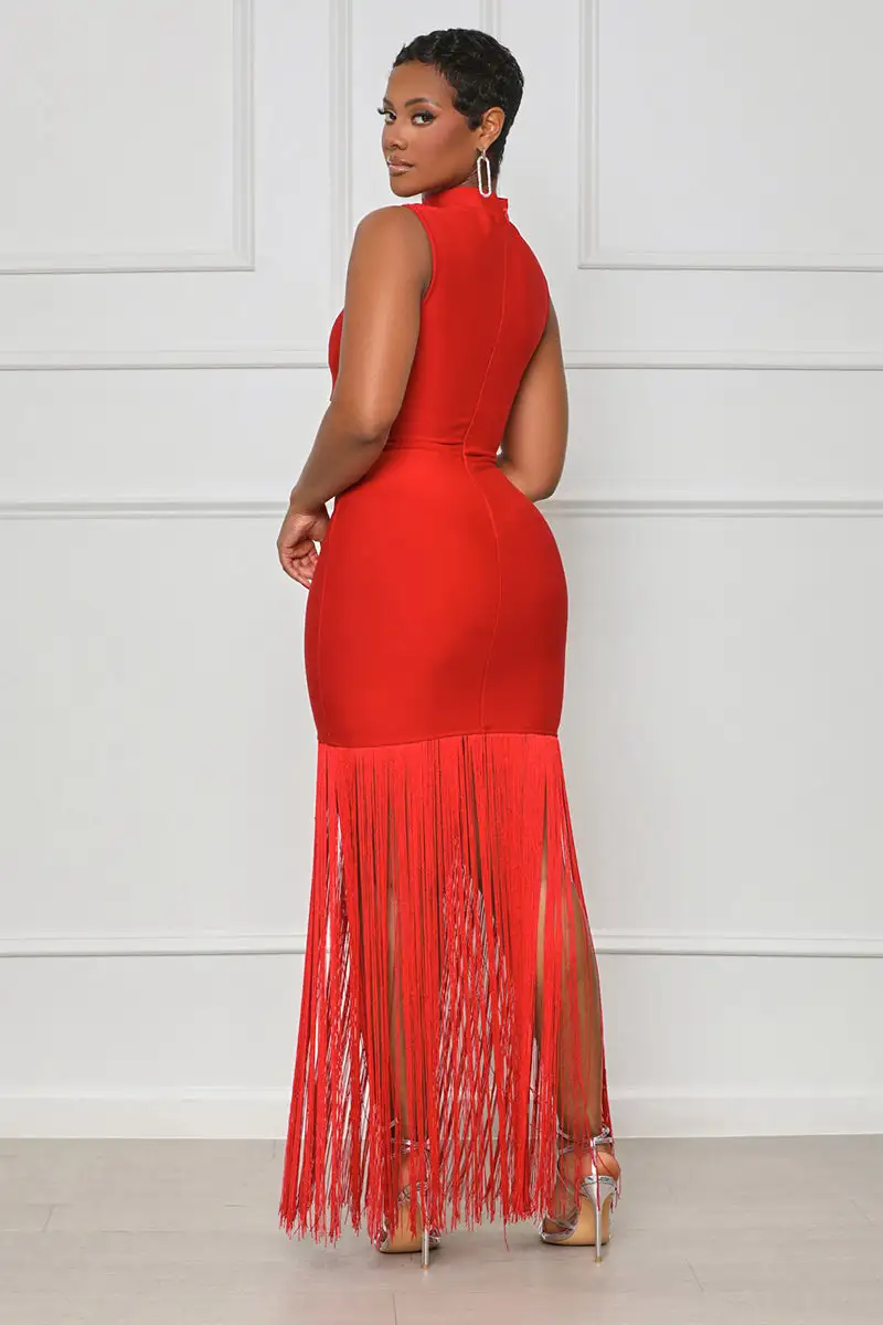 Ball Me Out Fringe Bandage Dress (Red)
