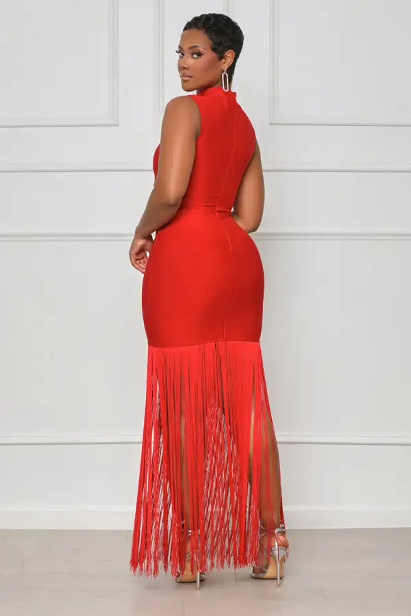 Ball Me Out Fringe Bandage Dress (Red)