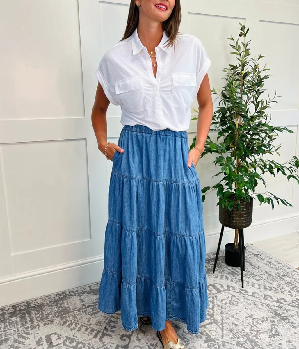 Denim Tiered Midi Skirt