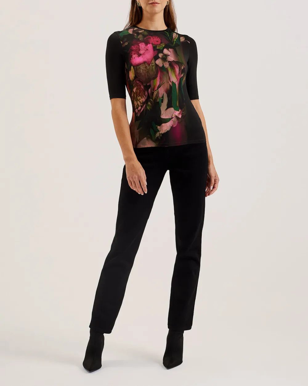 Floene Printed Skinny Fit Quarter Sleeve Top Black