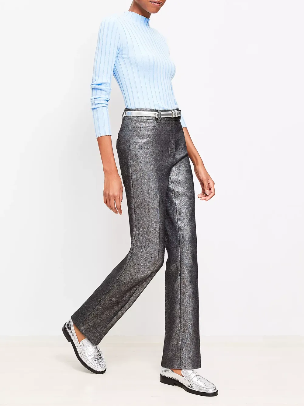 Straight Pants in Metallic Texture