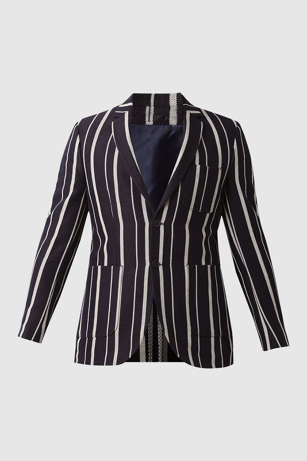 Navy Blue Striped Casual Blazer