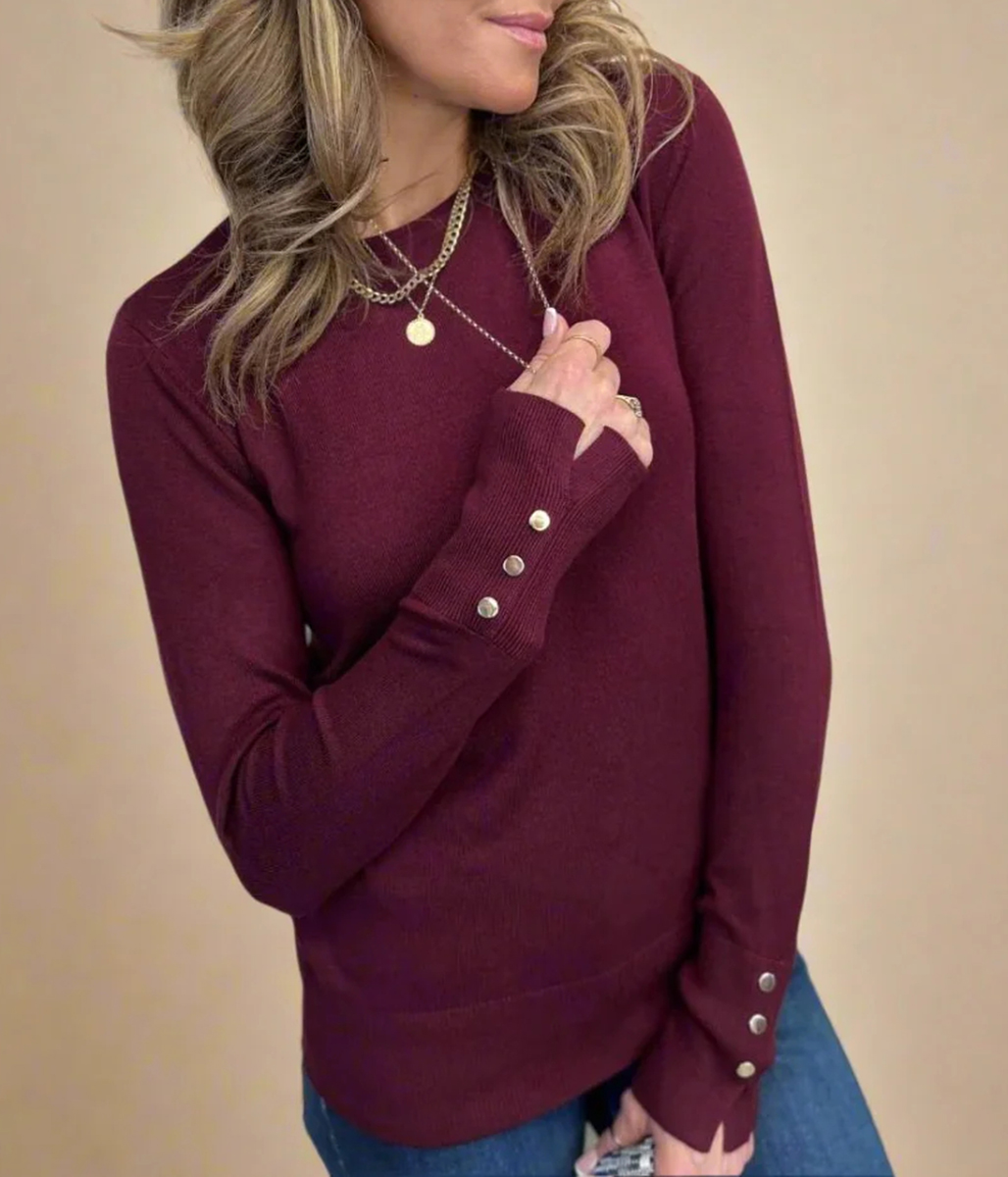 Burgundy Fine Knit Button Cuff Jumper