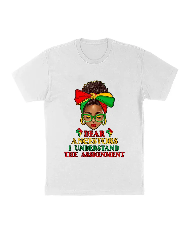 Black Woman Afro Messy Bun Dear Ancestors Juneteenth 1865 T-Shirt