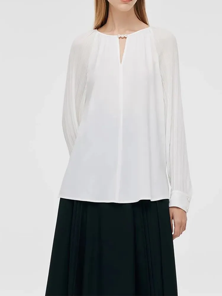 Acetate Pleated Sleeves Cut-Out Neck Women Blouse