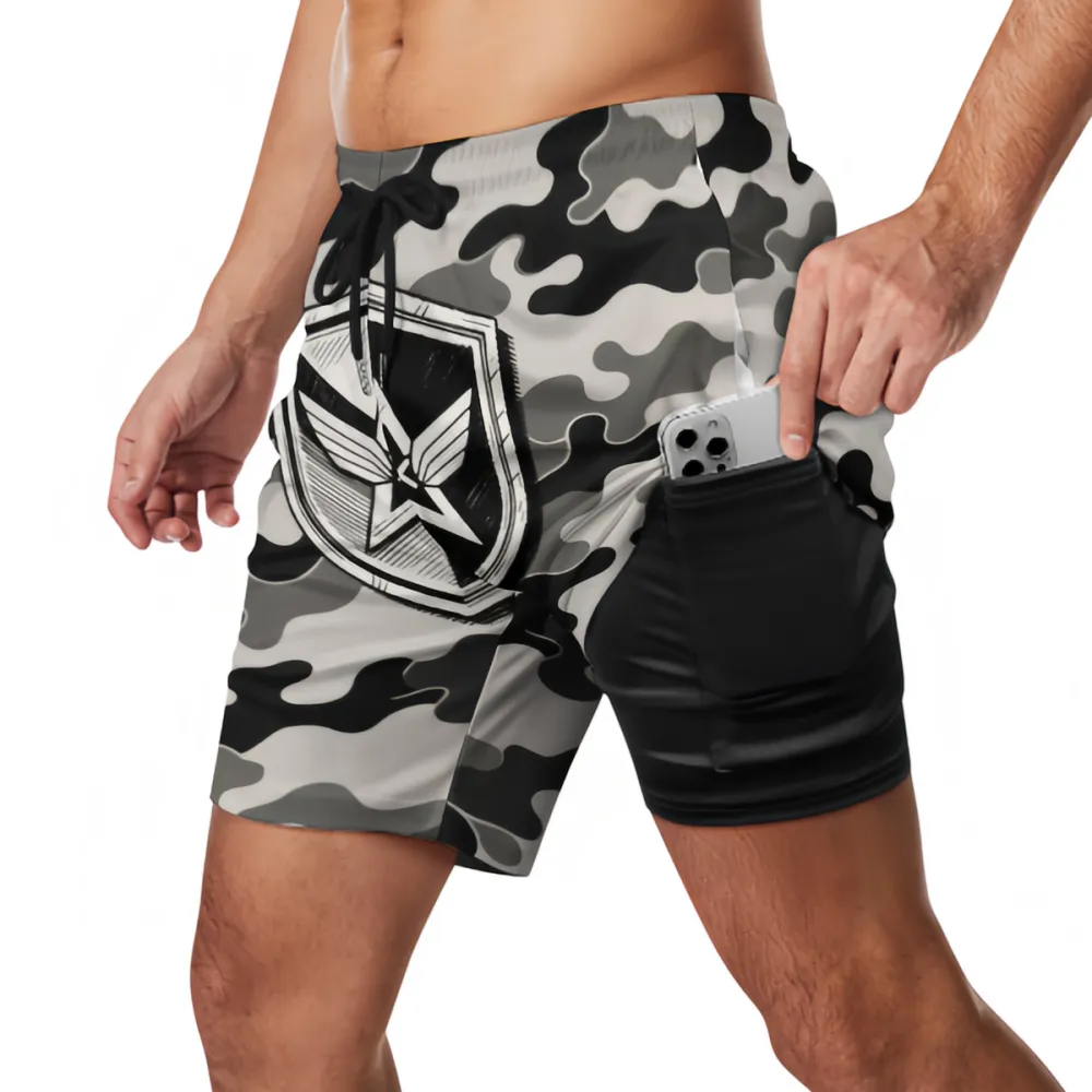 Black And White Camouflage Badge Print Sports Board Shorts