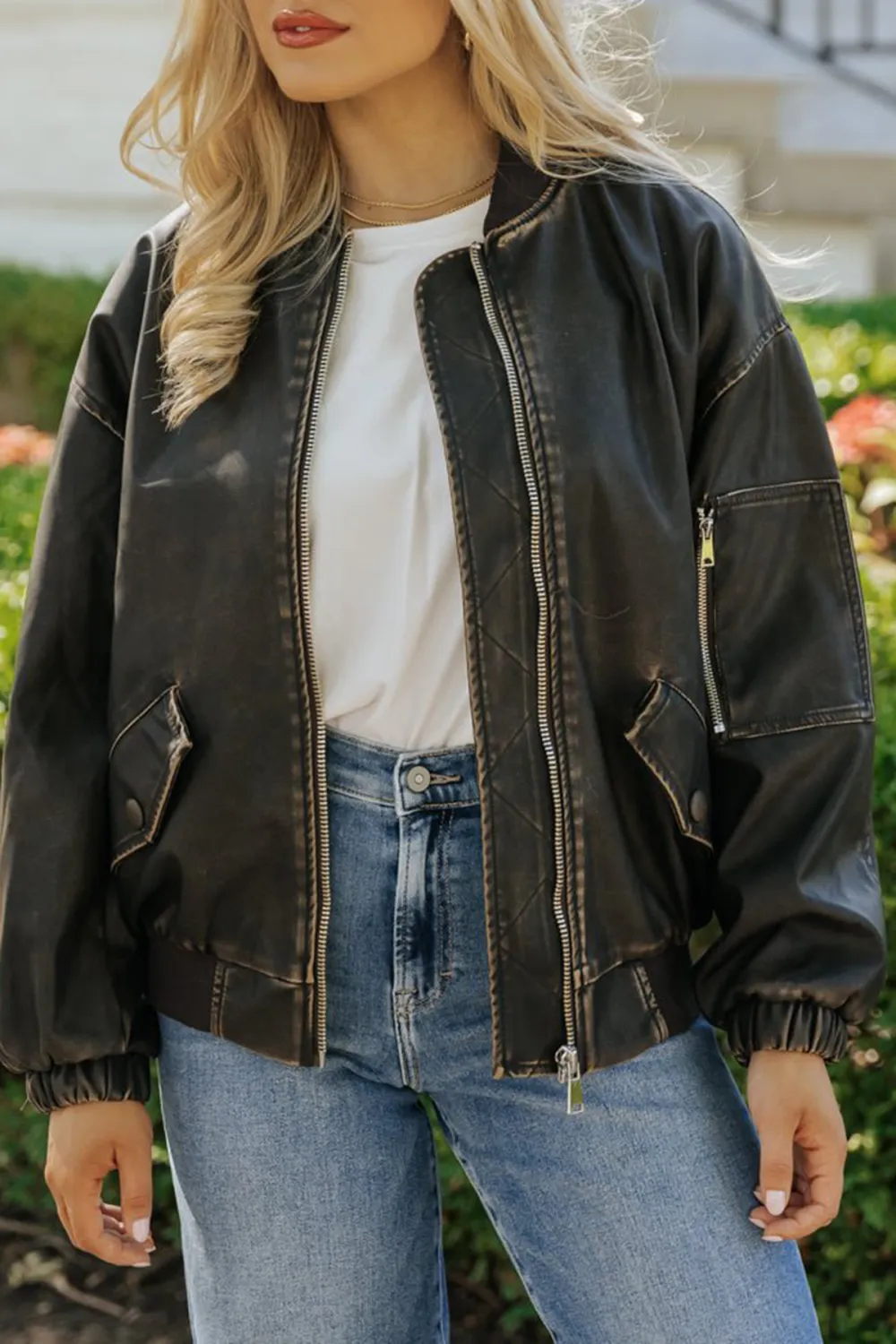 Dark Brown Faux Leather Bomber Jacket