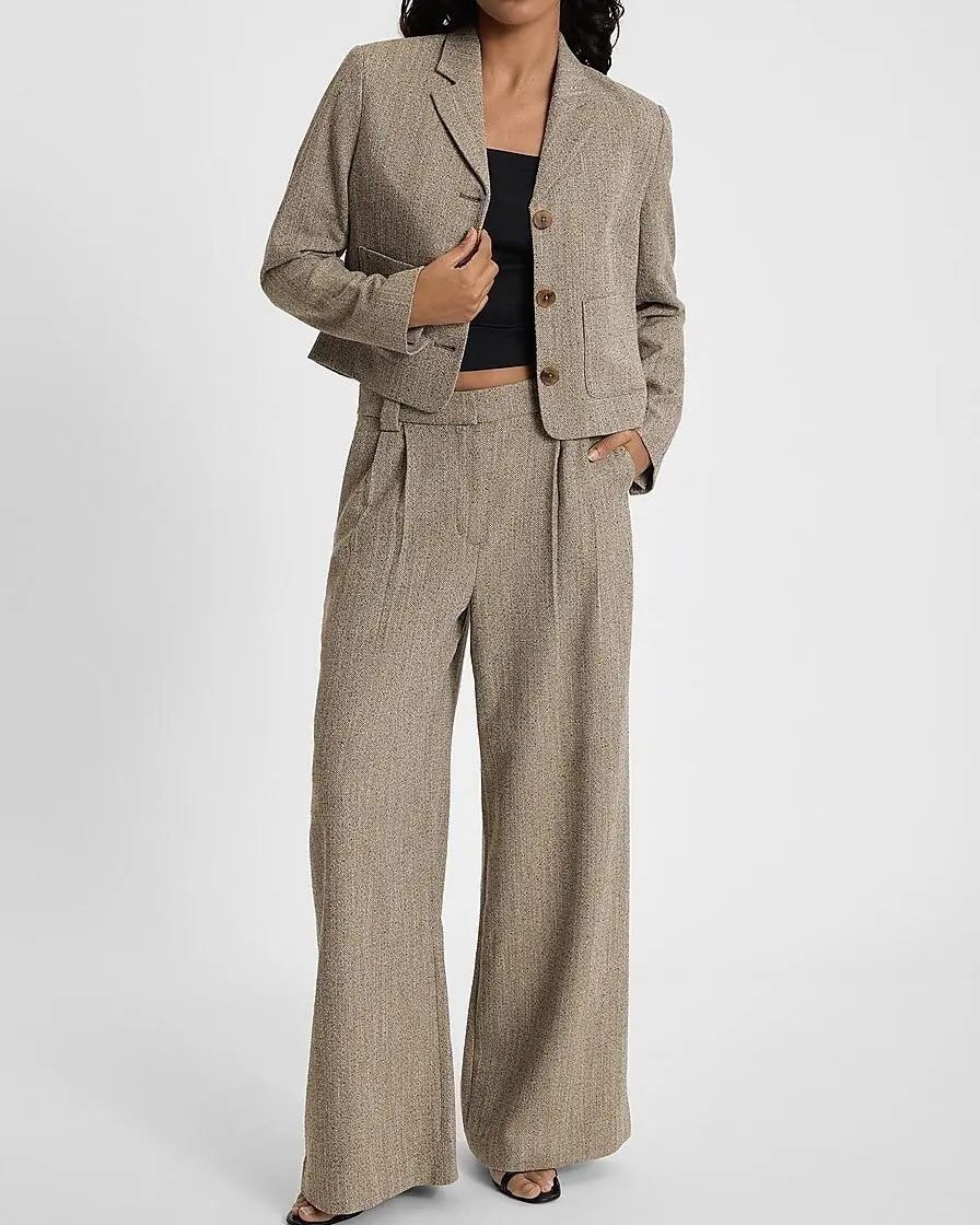 Textured Herringbone Patch Pocket Cropped Blazer + Textured Herringbone Pleated Trouser