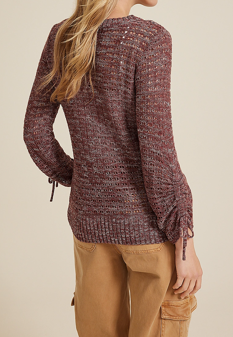 Marled Pointelle Cinched Sleeve Sweater