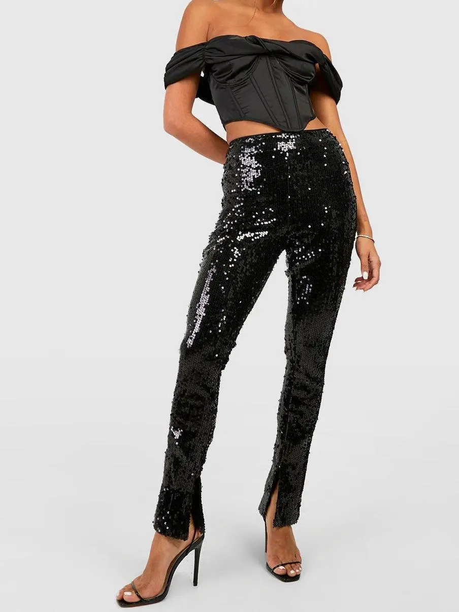 SEQUIN MID RISE SPLIT HEM PANTS