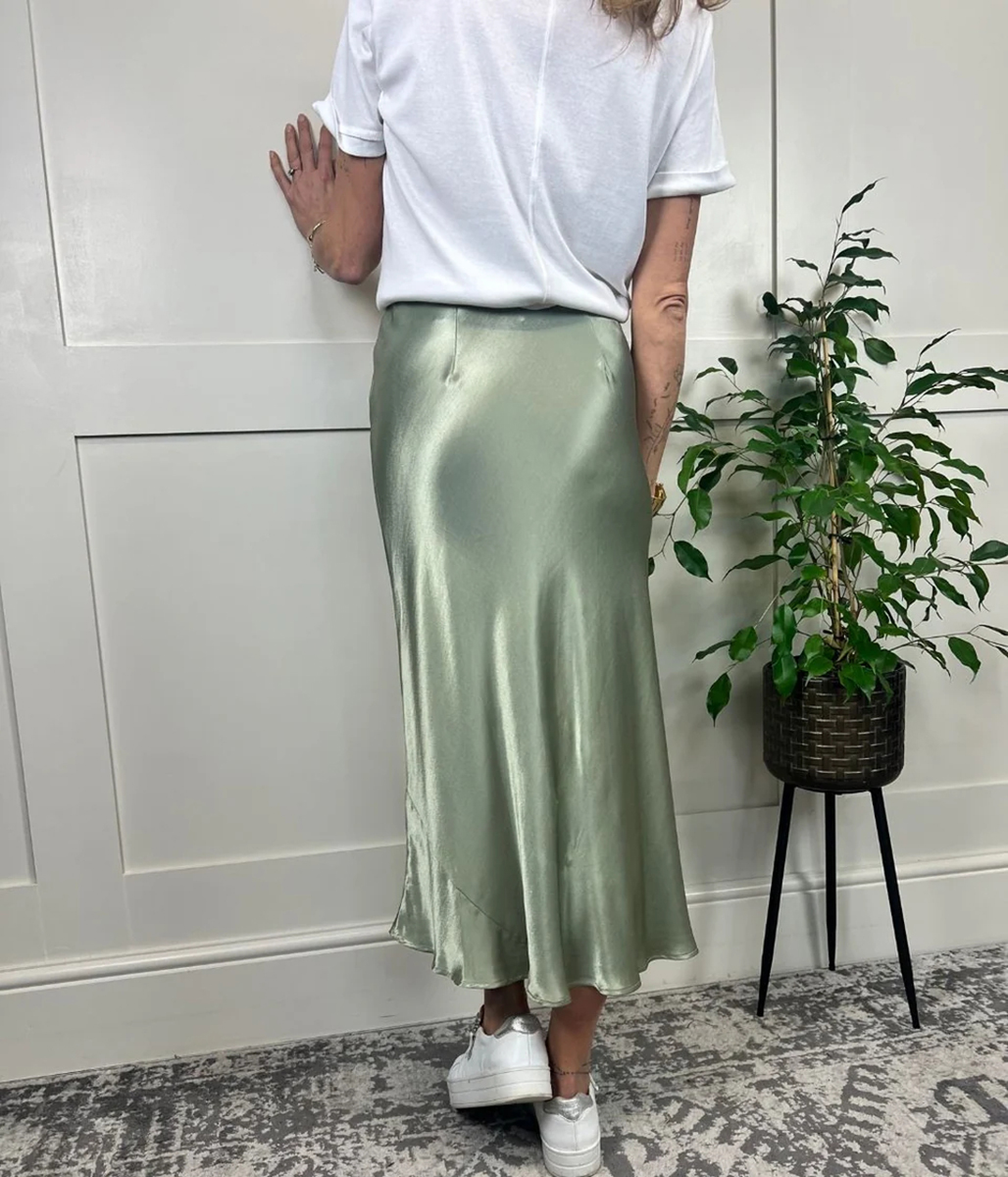 Green Satin Midi Slip Skirt