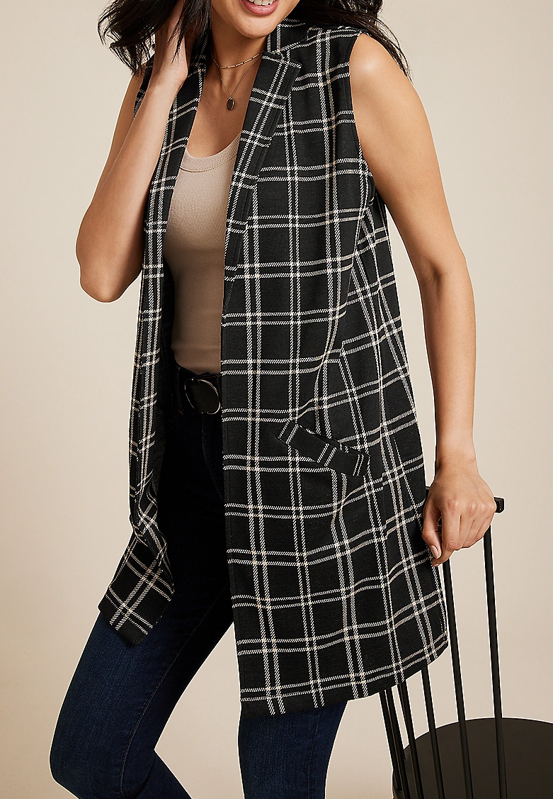 Windowpane Longline Blazer Vest