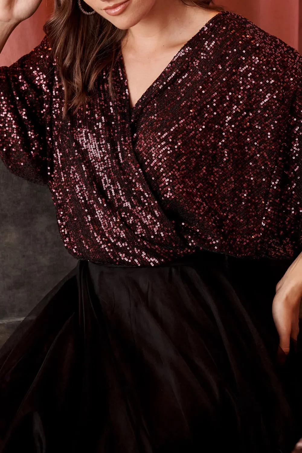 Burgundy Sequin Wrap Style Party Top