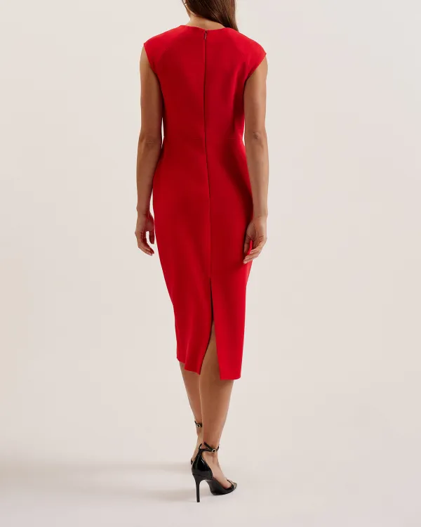 Bayree Asymmetric Folded Neckline Midi Dress Red