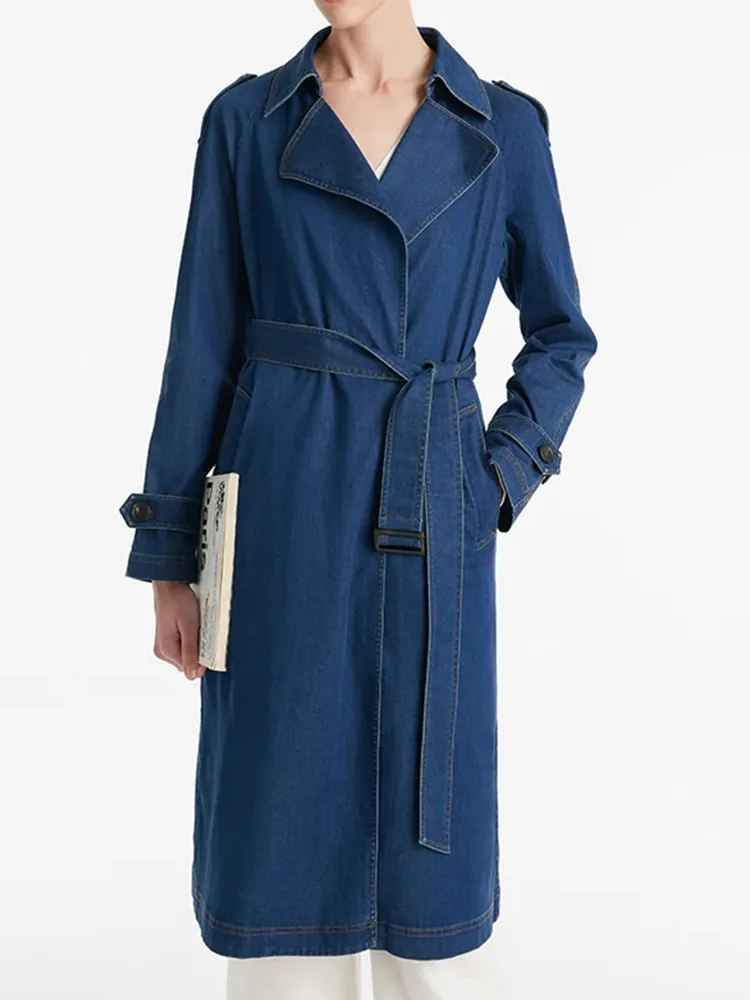 Denim Lapel Women Trench Coat With Belt