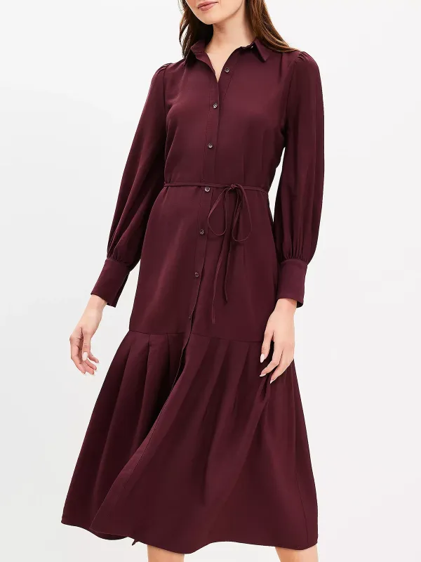 Pleated Tie Waist Midi Shirtdress