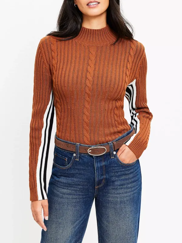 Side Striped Cable Mock Neck Sweater