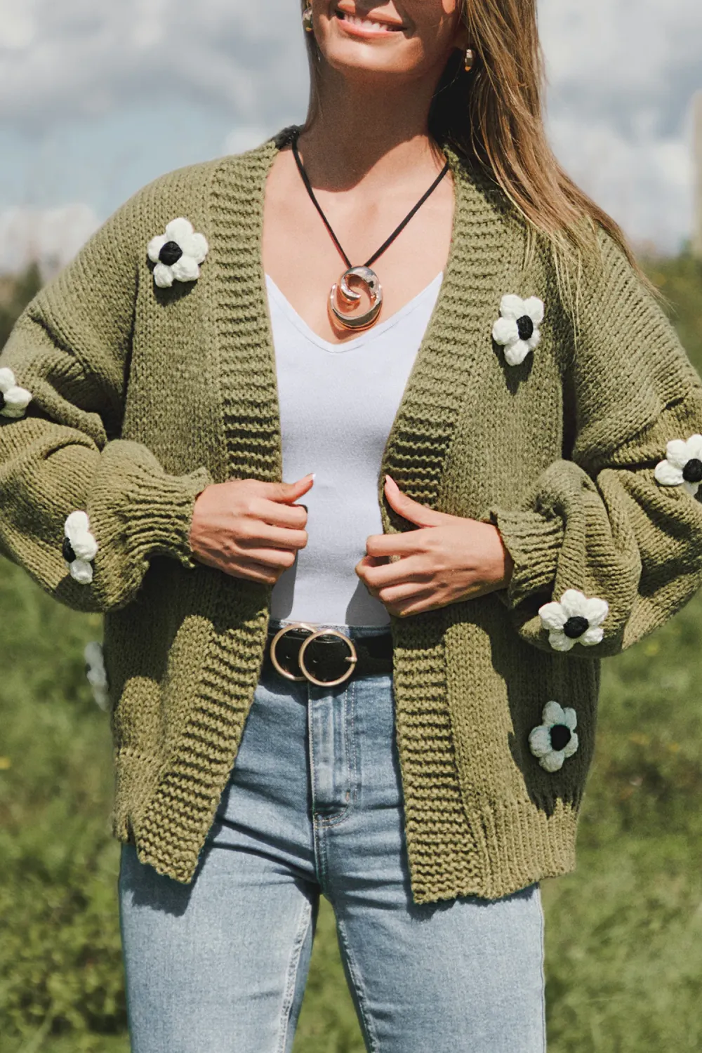 Green 3-D Floral Cardigan