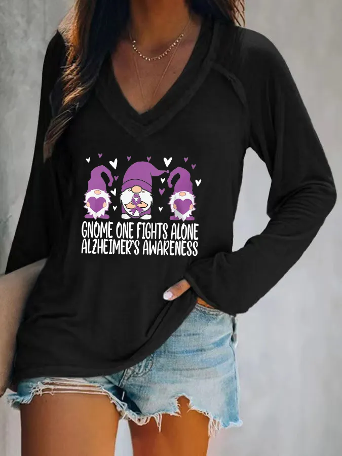 Women'S Gnome One Fights Alone Alzheimer'S Awareness V-Neck T-Shirt
