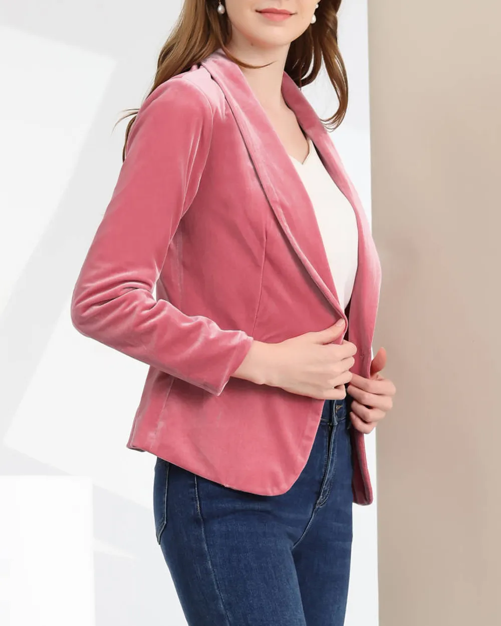 Allegra K- Shawl Collar One Button Velvet Blazer