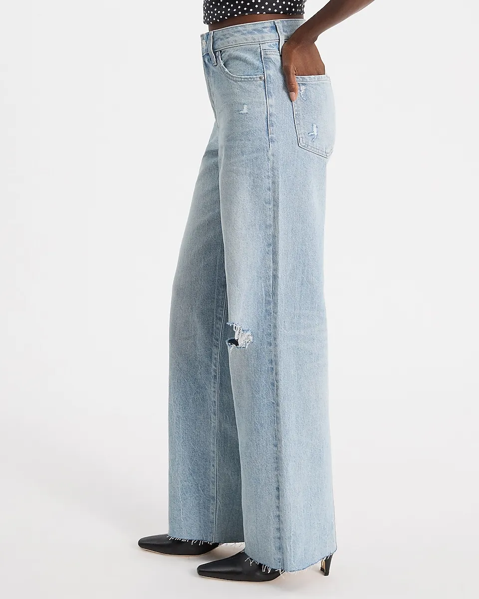 High Waisted Light Wash 50/50 Rigid Stretch Ripped Wide Leg Jeans