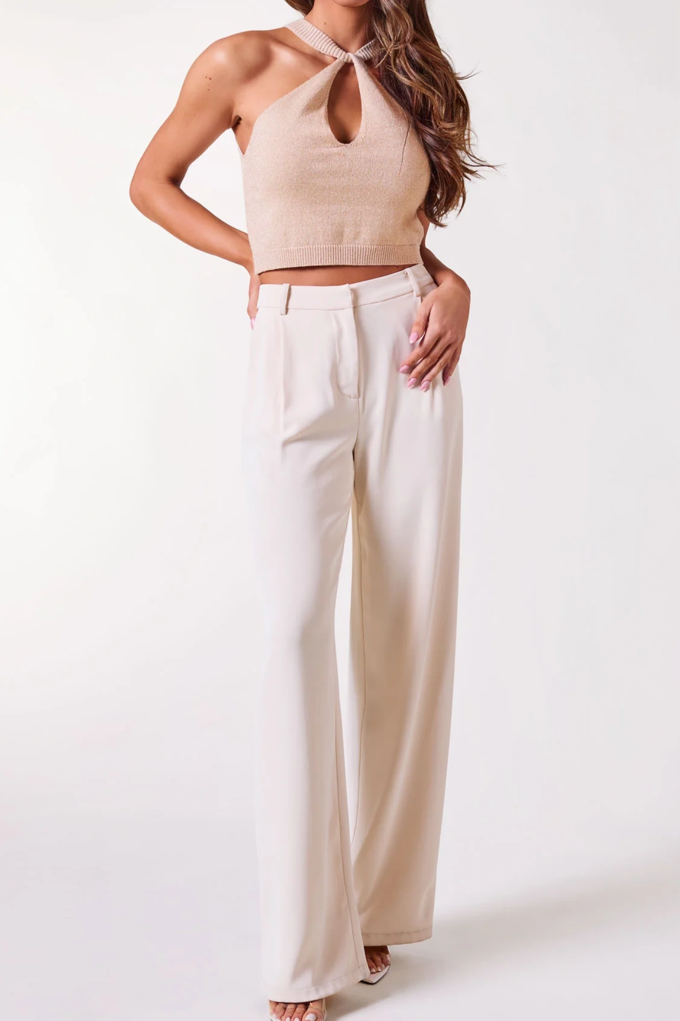 Beige Hanging Neck Skinny Sleeveless Top