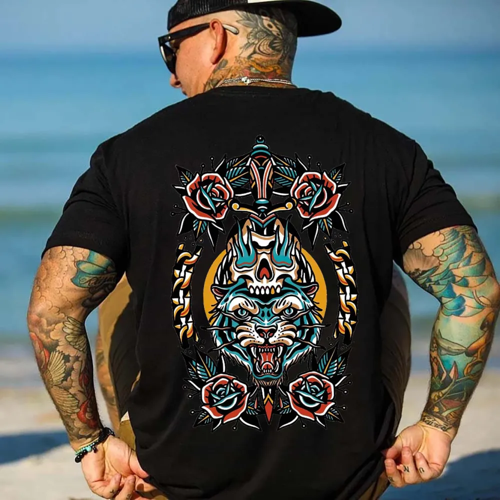 Tiger Roses Skull Printed Men's T-shirt