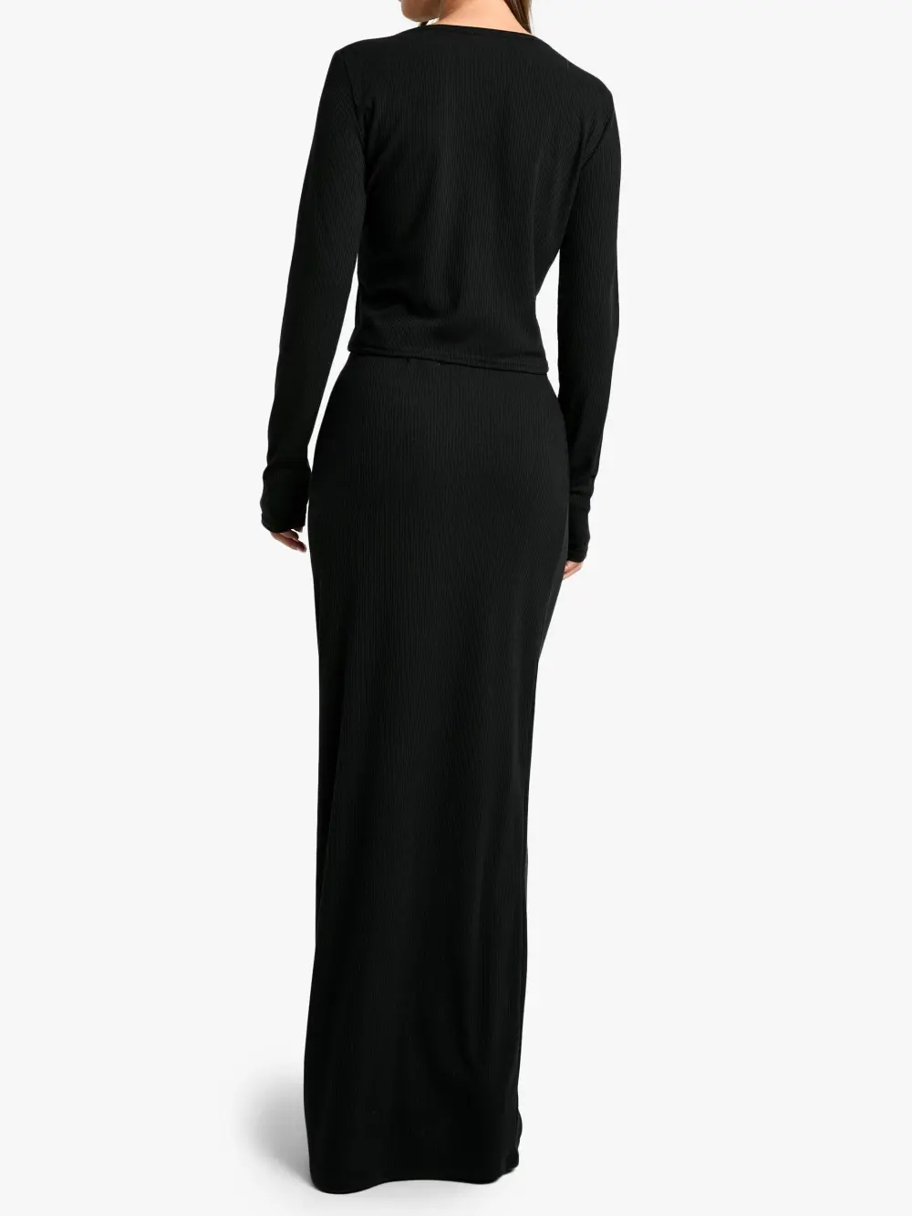 SOFT RIB BUTTON THROUGH LONG SLEEVE TOP AND MAXI SKIRT