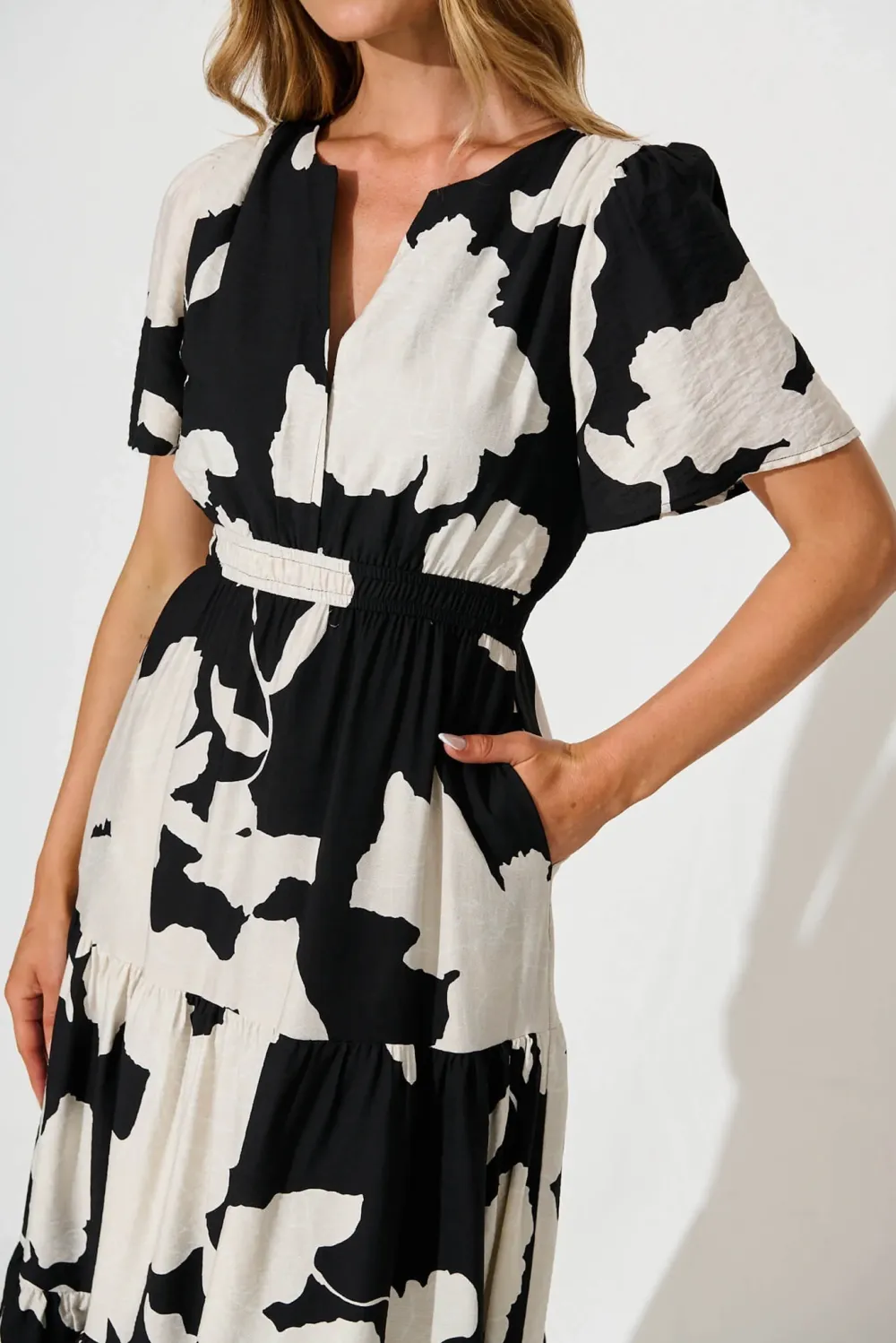 Black Floral Print Tiered Midi Dress