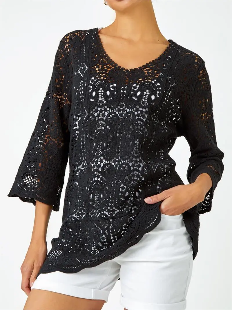 Black Cotton Crochet Tunic Top