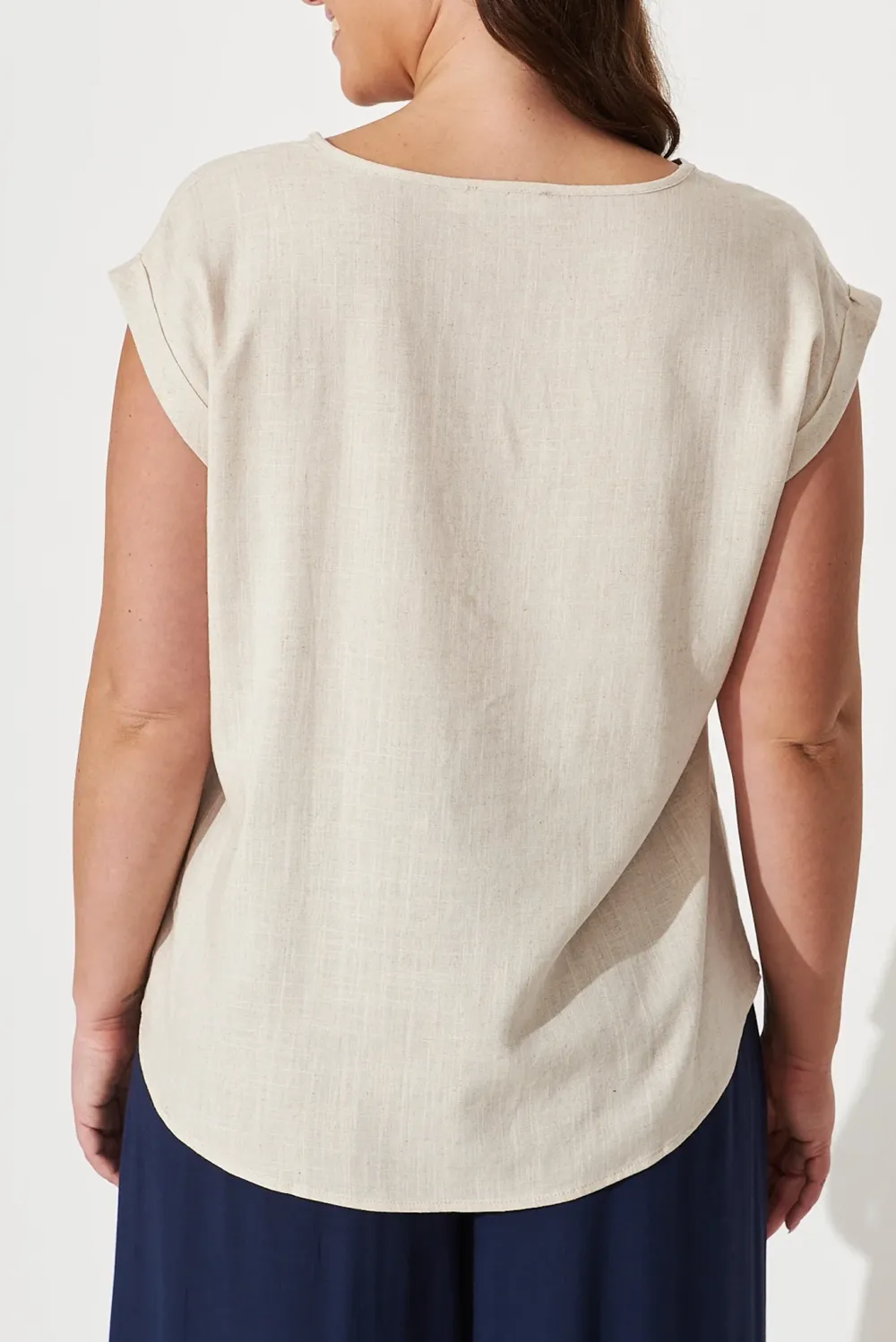 Beige Crew Neck Linen Short Sleeve Top