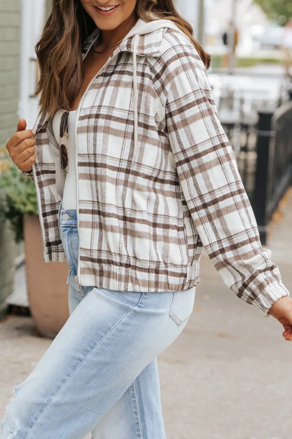 Brown Plaid Hooded Zip Up Jacket