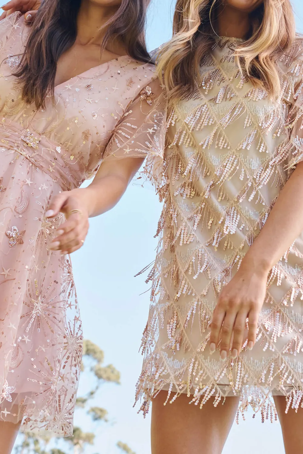 Champagne Fringe Sheer Sleeve Mini Dress