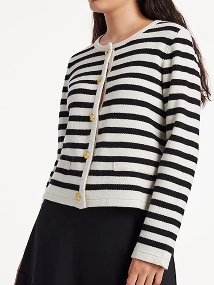 Button Up Woolen Striped Lady Cardigan