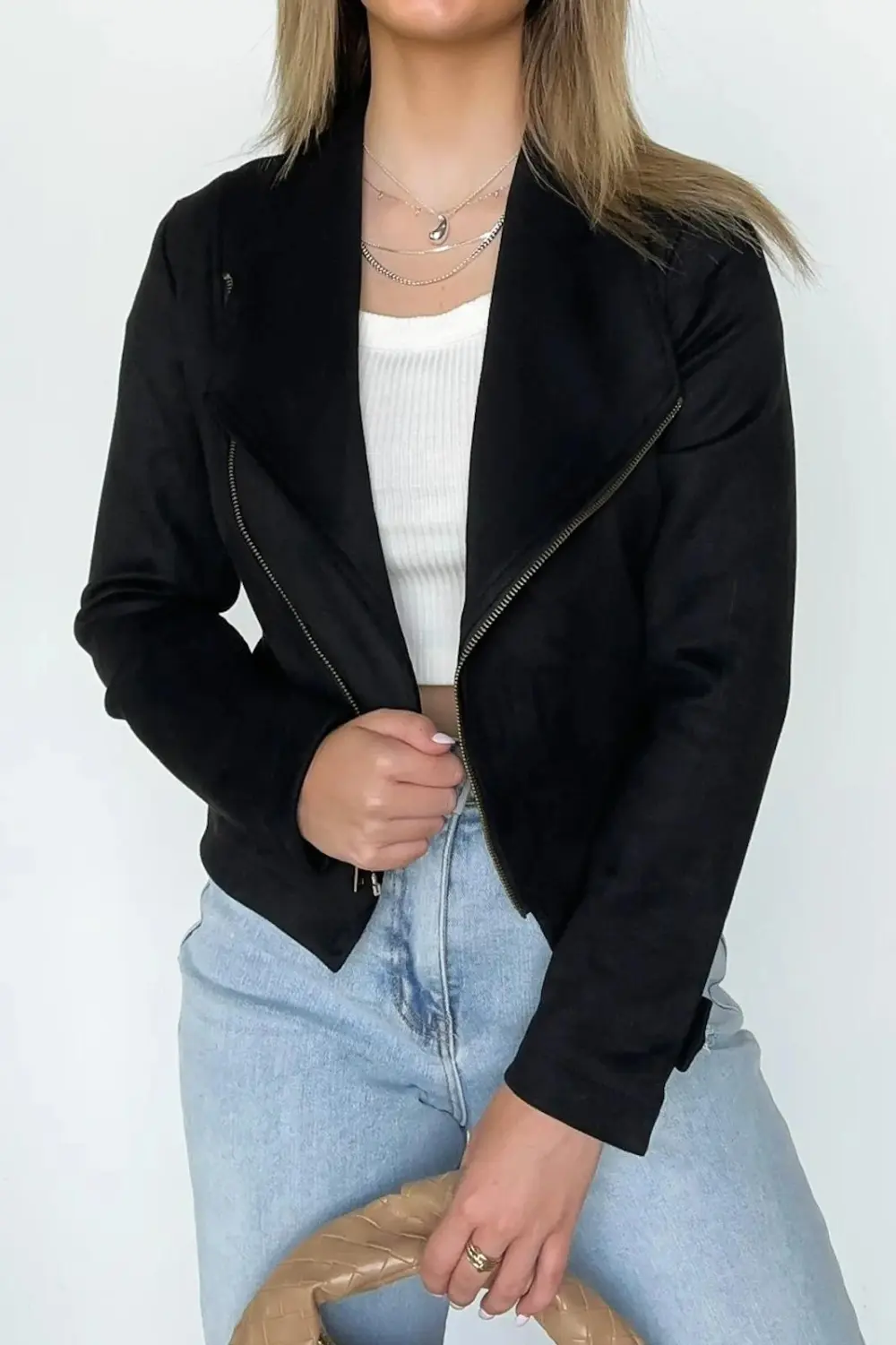 Faux Suede Zip Up Moto Jacket