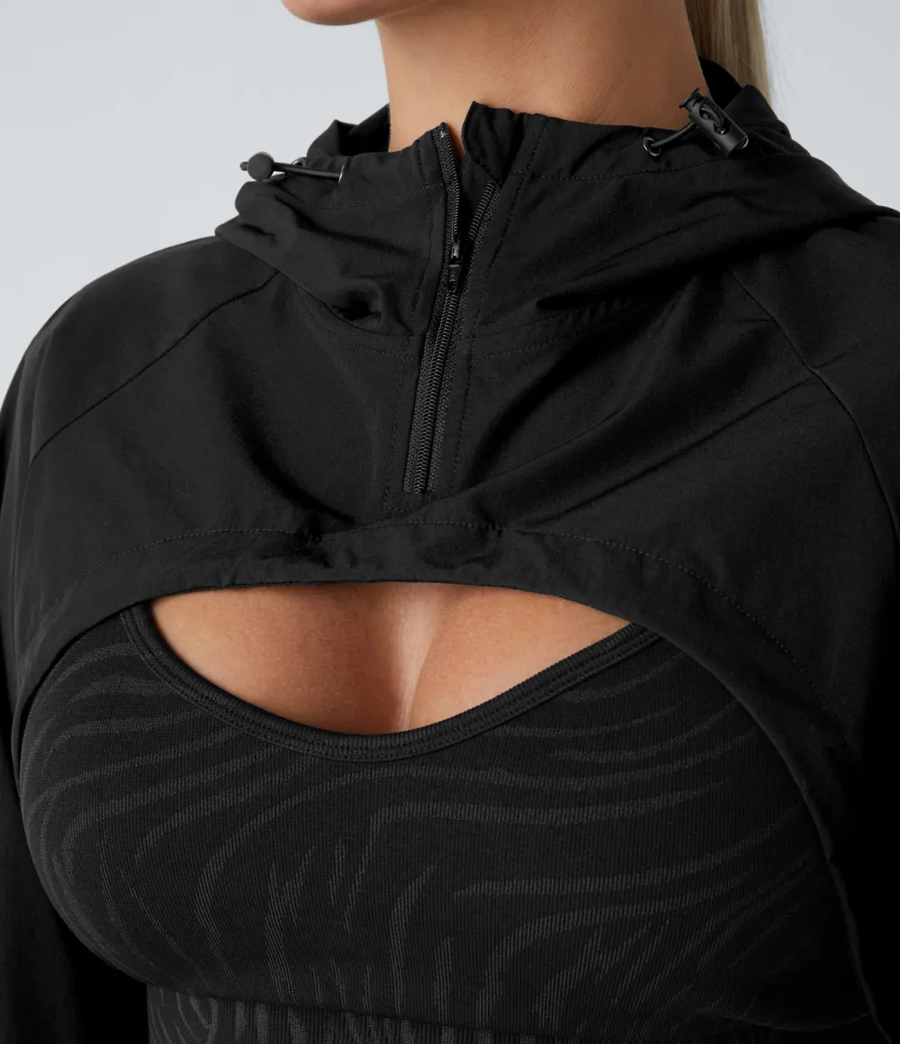 Hooded Adjustable Drawcord Half Zipper High Low Cropped Hiking Jacket