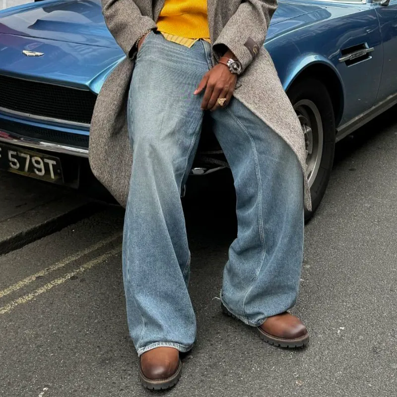 Men's Washed Distressed Straight-Leg Loose Jeans