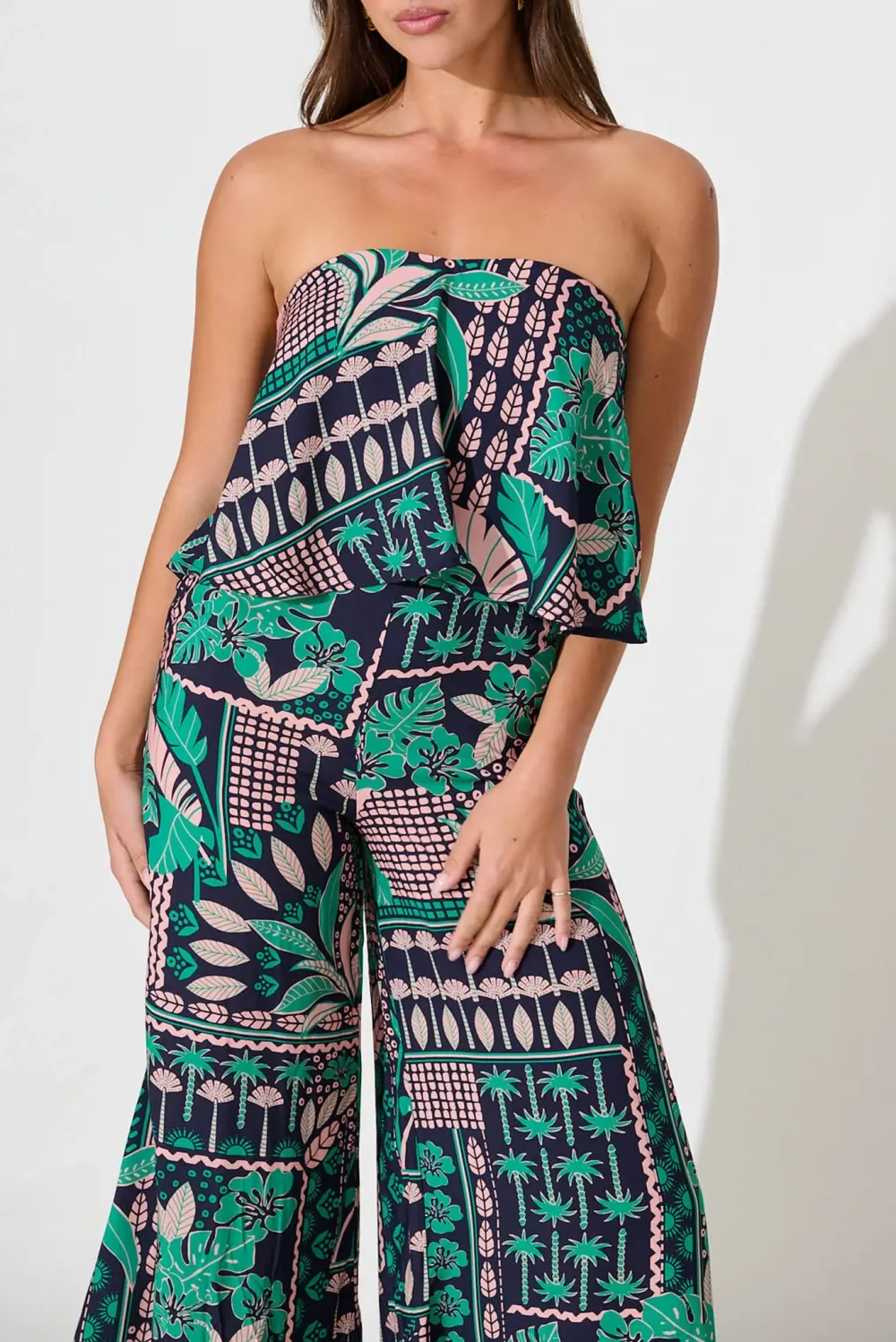 Green Printed Strapless Wide Leg Jumpsuit