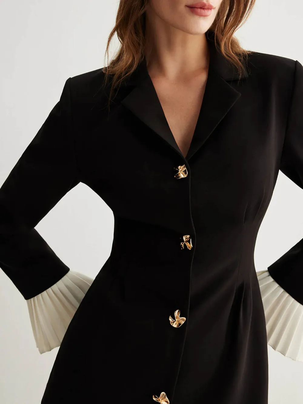 Pleated Detail Metal Button Long Sleeve Dress